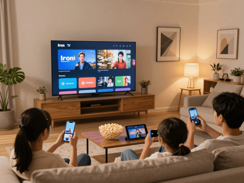 Expérience de streaming avec Iron TV dans un salon moderne.