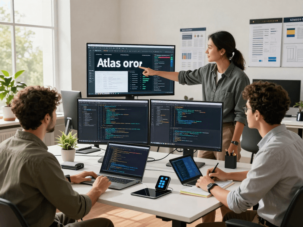 Équipe de développeurs collaborant sur Atlas pro ontv dans un bureau moderne.