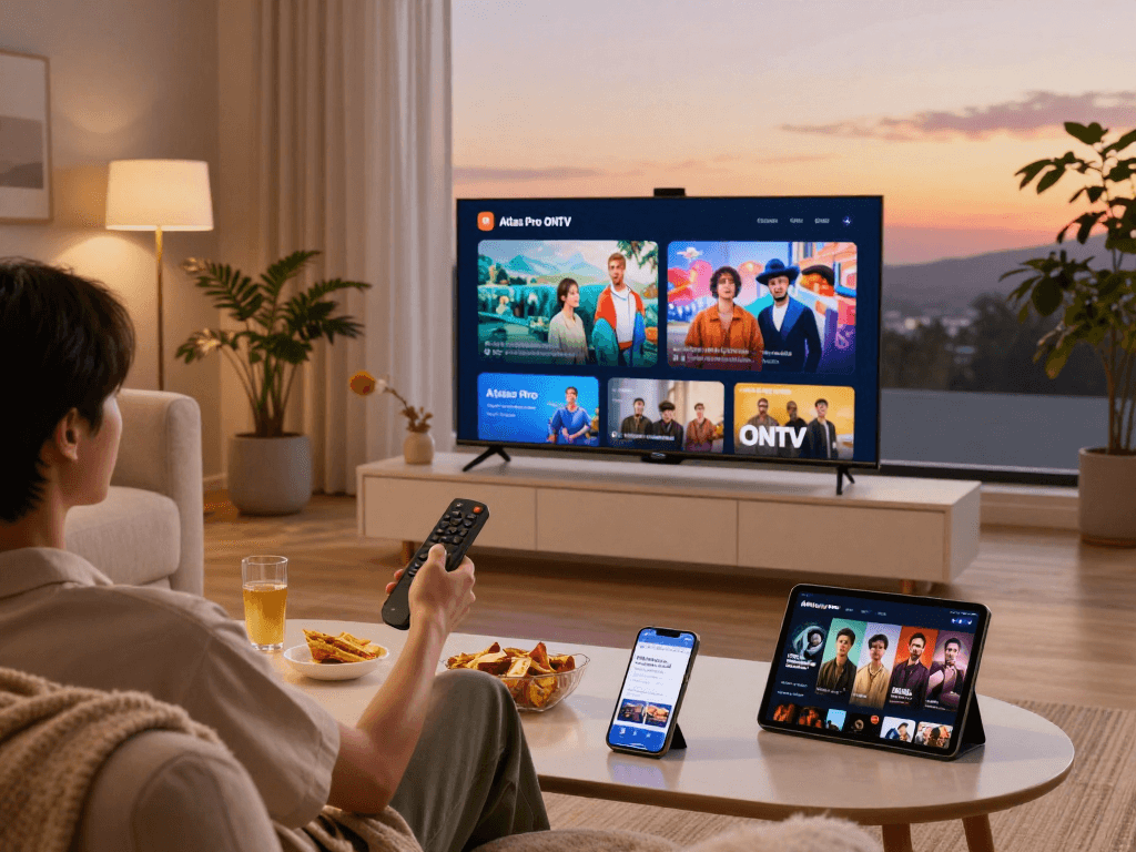 Profitez des chaînes Atlas Pro sur une Smart TV dans un salon moderne, ambiance relaxante.