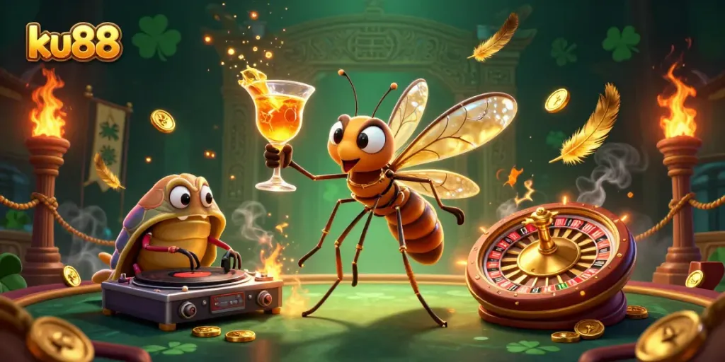 ku88 casino mascot amid golden roulette and vibrant gaming elements in a lively scene