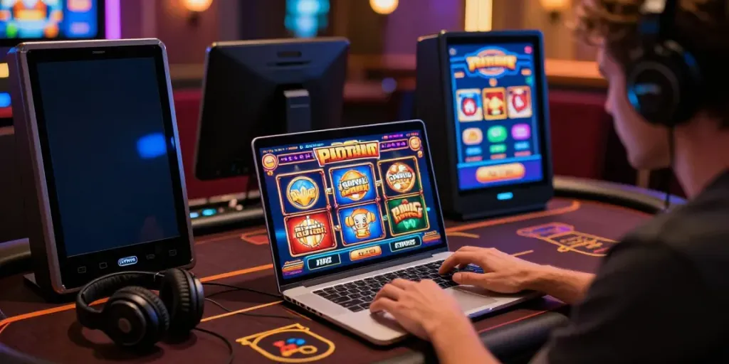 Joueur engagé sur 666Gambit Casino avec des machines à sous colorées et des offres de bonus.