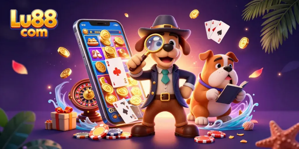 Win big with Lu88 com as the cartoon detective uncovers hidden treasures and casino secrets.