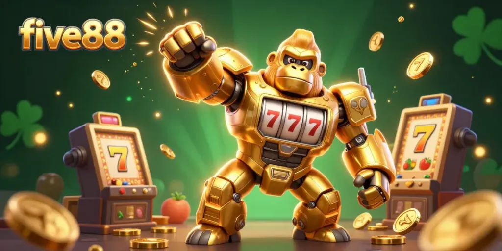 Experience thrilling five88 slots gameplay with a golden gorilla mech and vibrant symbols!