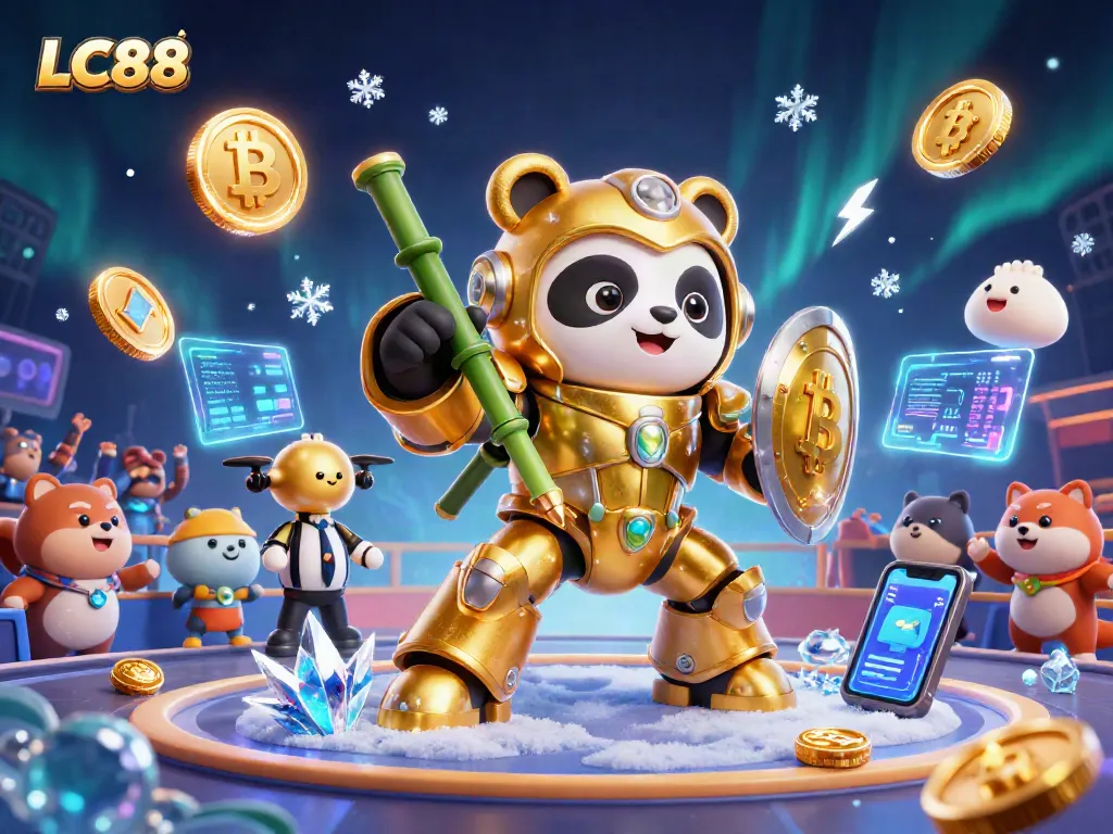 LC88 showcases an action-packed scene with a mech-suit panda in a vibrant crypto casino.