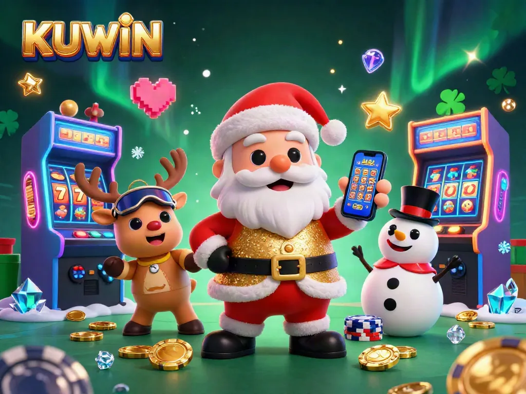 Spin and win at KUWIN in a vibrant, festive casino scene with exciting game elements!