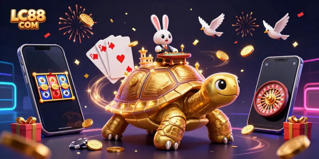 Experience the thrill of LC88 COM with a vibrant 3D casino scene featuring unique characters and rich gaming elements.