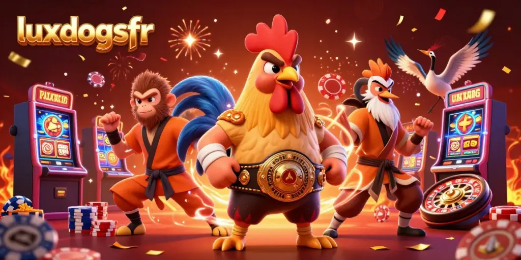 Experience excitement with luxdogsfr in a vibrant casino scene featuring unique animal characters.