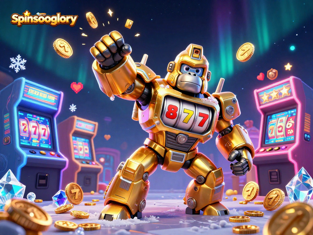 Spinsofglory showcases a golden gorilla mech with slot machine parts, bursting coins, perfect for casino excitement.