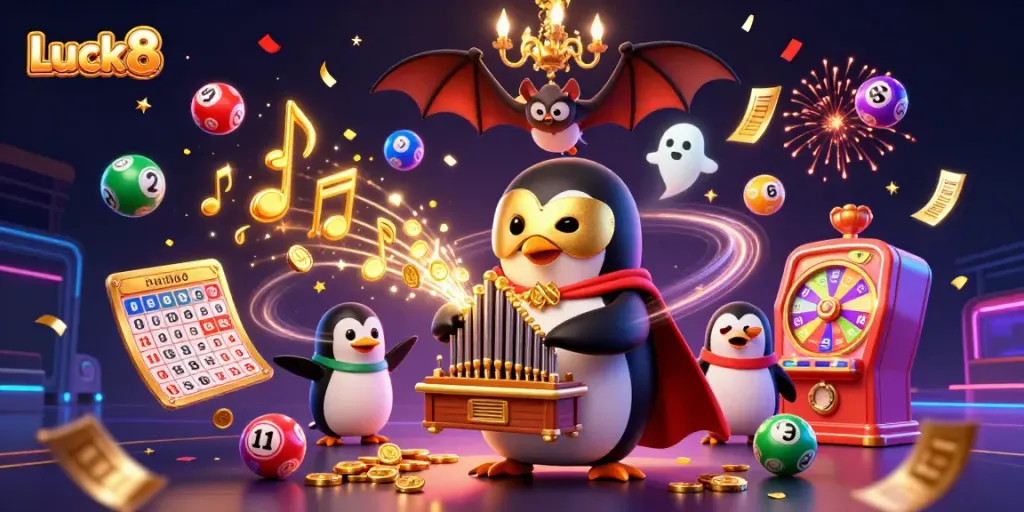 Luck8 penguin organist surrounded by dynamic casino elements, winning big in 2026.