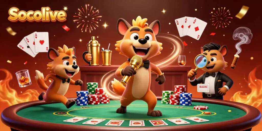 Socolive offers an entertaining gambling experience with cartoon hyenas in a vibrant casino scene.