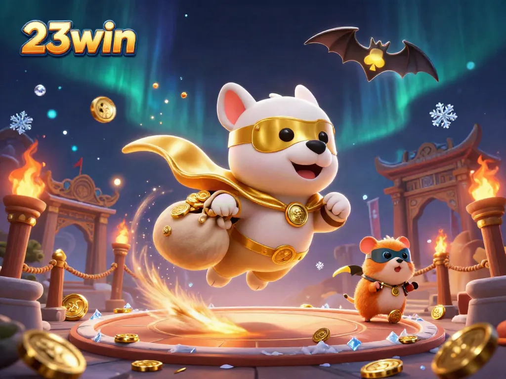 Join the 23win gaming action as our superhero dog and sidekick hamster soar above a vibrant casino landscape filled with gold!
