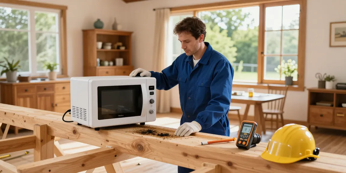 Traitement de bois avec Shashel®, technicien écologique utilisant un système à micro-ondes dans une maison historique.