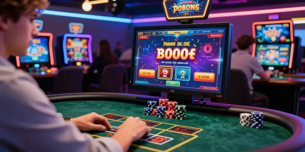 Bonus casino sans dépôt : joueur engagé dans une expérience de jeu virtuelle avec des écrans colorés.