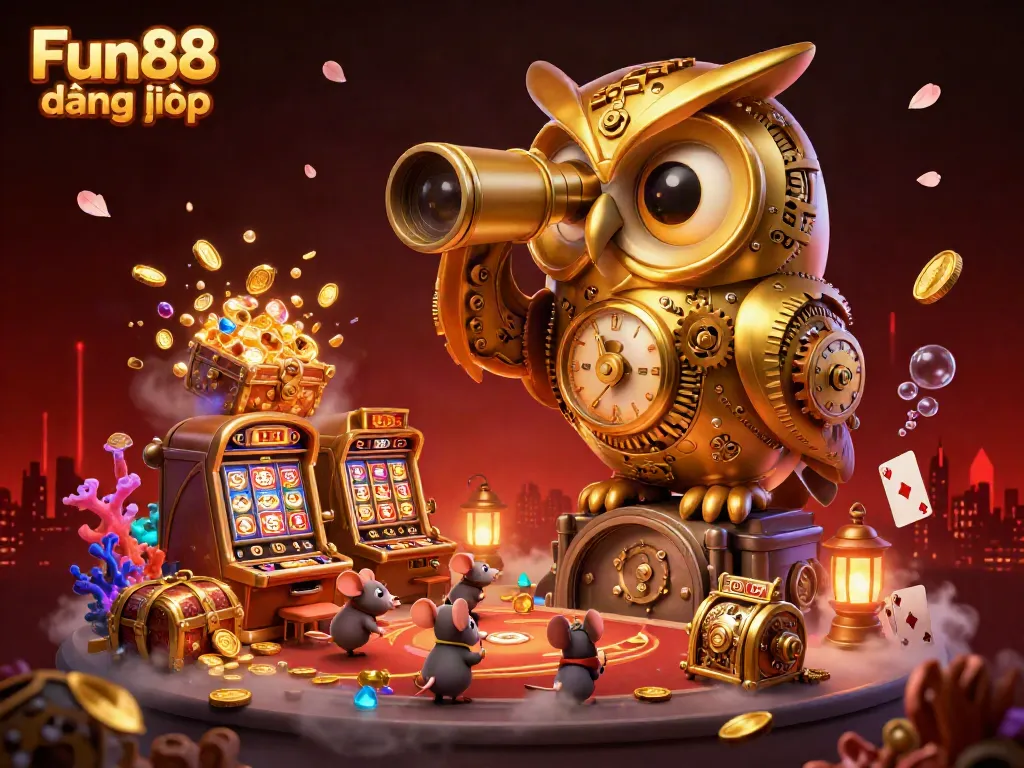 Experience the vibrant Fun88 đăng nhập scene with golden owl and bustling casino elements.