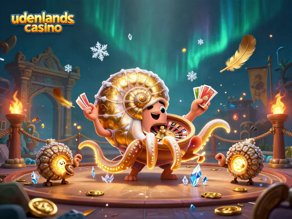 Engaging illustration depicting udenlandsk casino with a giant nautilus roulette wheel and glowing companions.