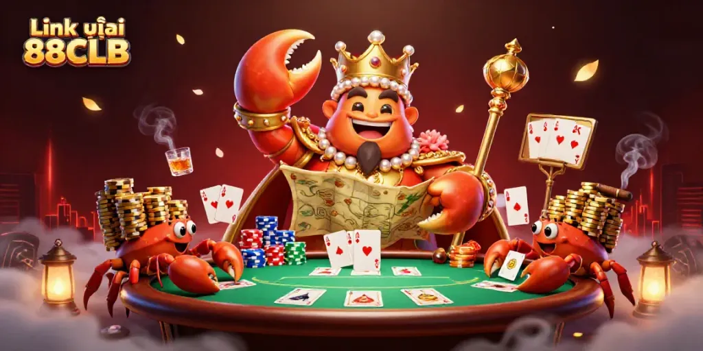 Experience the exciting gambling world with Link vào 88CLB featuring a golden crab emperor and poker elements.
