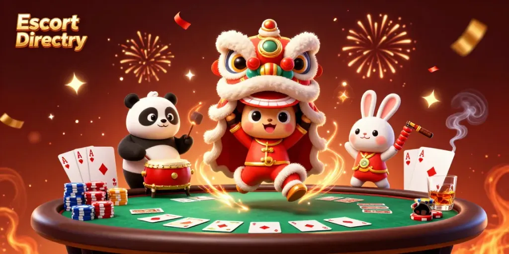Engage with the dynamic Escort Directory scene, featuring lively characters and vibrant poker elements.