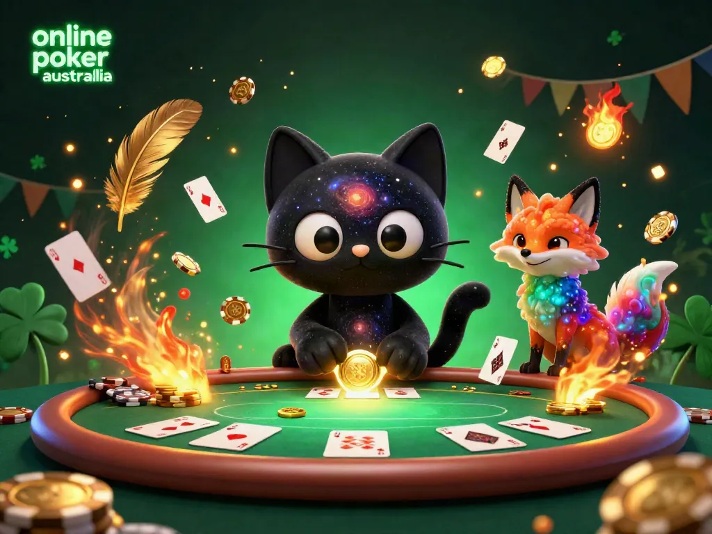 Engage in exciting online poker Australia with a cosmic-themed illustration featuring playful characters and golden chips.