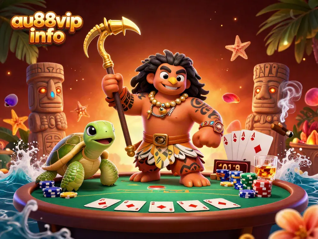 Experience the thrill of poker at au88vip info with vibrant characters, cards, and chips in a dynamic scene.