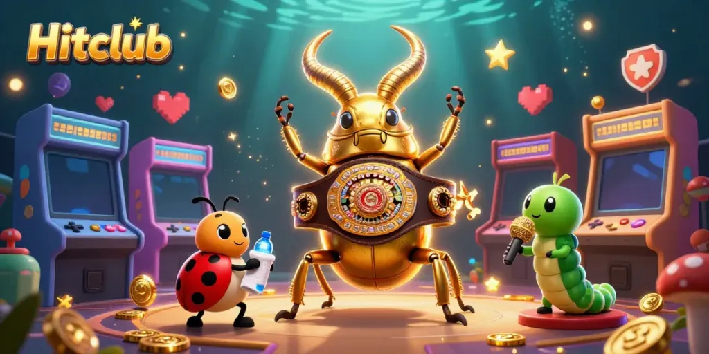 Hitclub showcases a vibrant casino world with giant beetles and game elements, promoting interactive gaming.