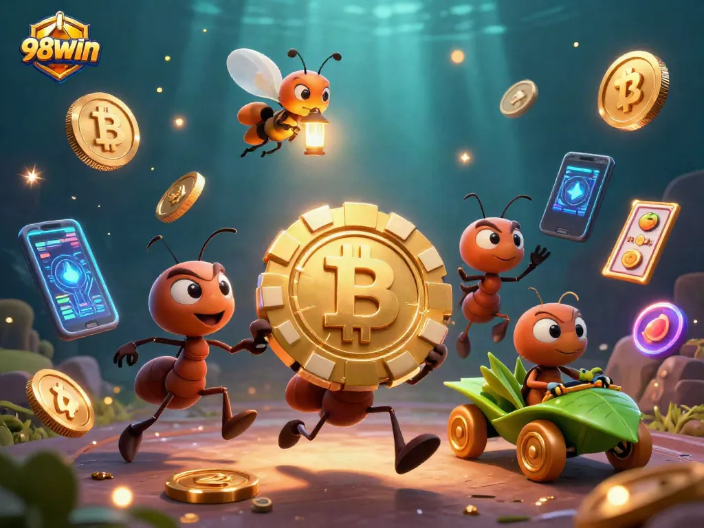 Engage with 98WIN's thrilling online casino adventure featuring ants in a heist and glowing crypto elements.