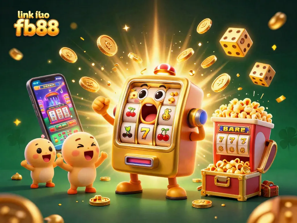 Engage with the thrilling world of gaming at link vào fb88 as a golden slot machine celebrates a jackpot amidst a vibrant casino scene.
