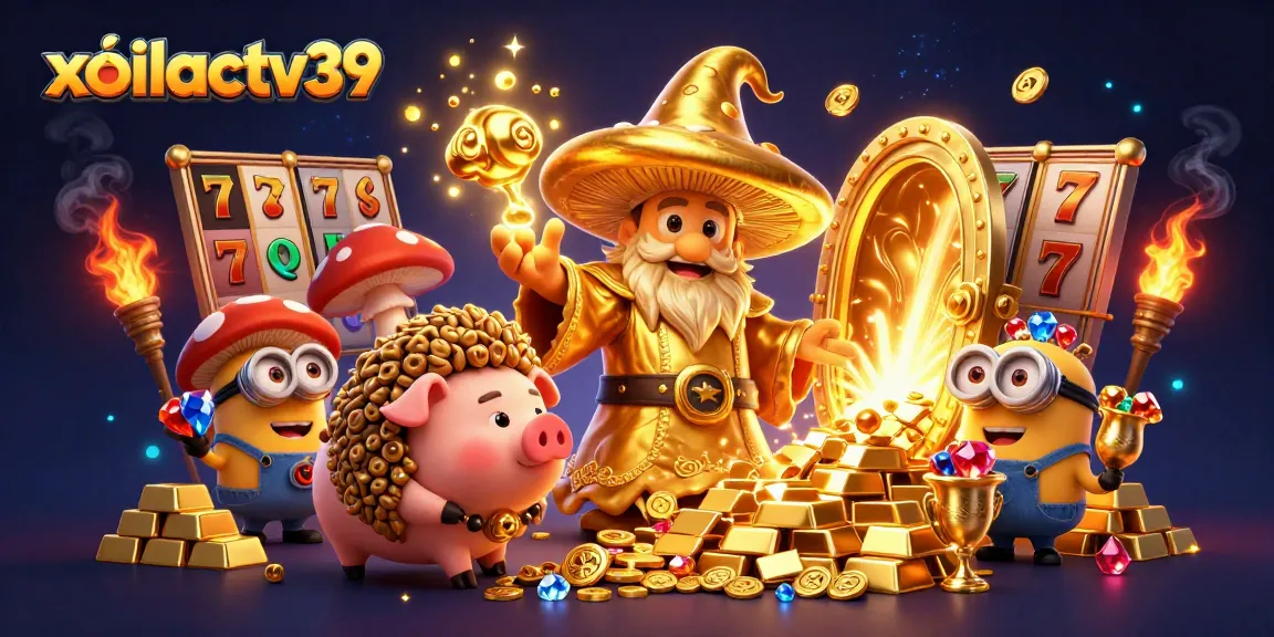 Spin the reels with xoilactv39: a magical scene featuring gold treasures, wizards, and cartoon elements.