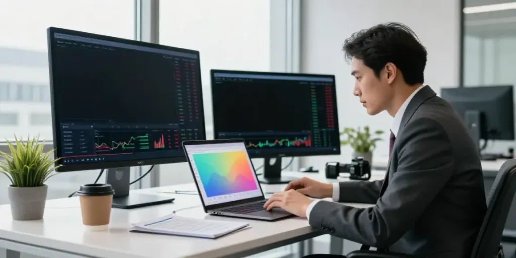 The professional setting at www.lejournalfinancier.fr features a financial advisor analyzing market data and trends.