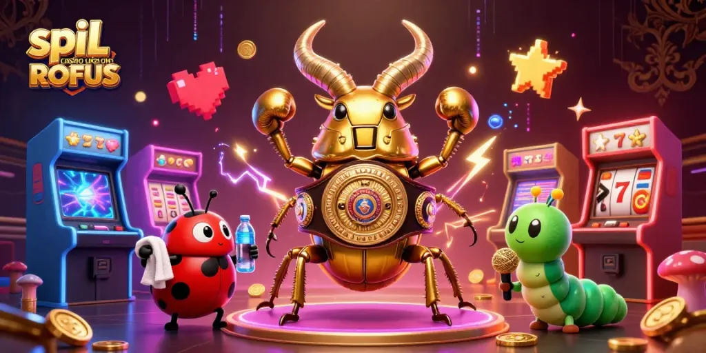 Engage in spil casino uden om ROFUS with vibrant slot reels, colorful arcade machines, and dynamic characters.