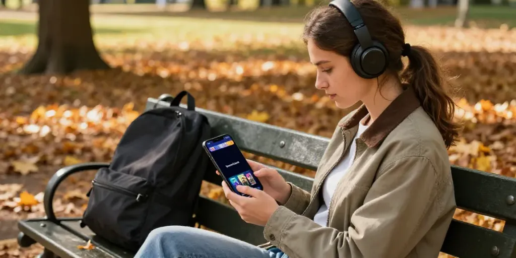Femme utilisant son smartphone pour télécharger l'application Senpai Stream dans un parc.