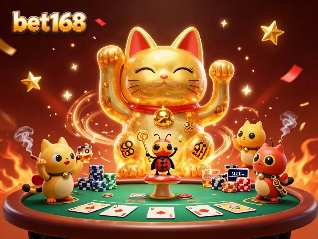 Experience luck with bet168 as golden fireflies form a lucky cat amidst vibrant casino symbols.