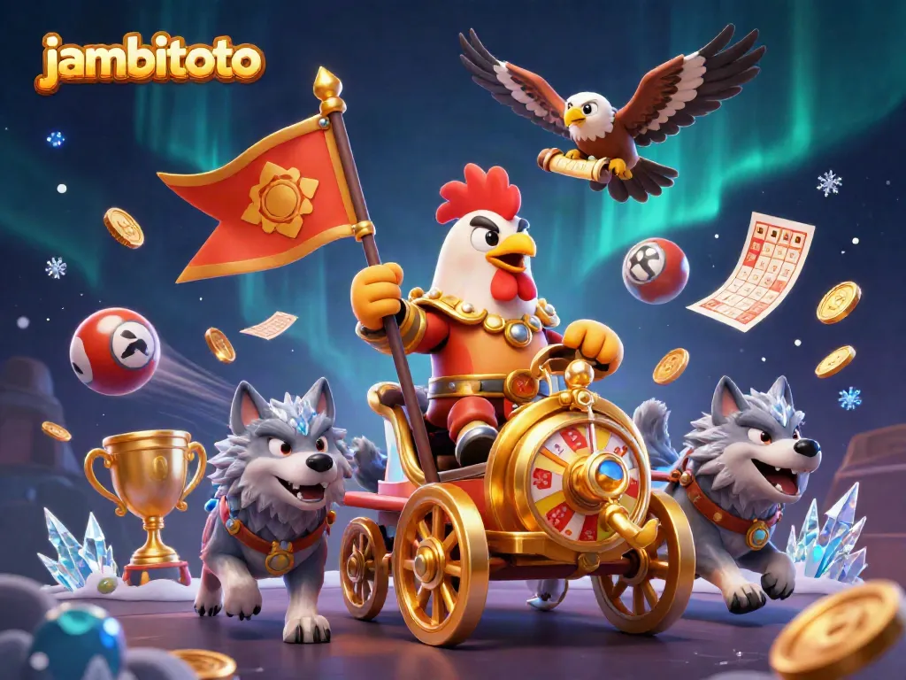 Join the fun with jambitoto as a 3D rooster warlord leads the lottery battle, shining in gold.