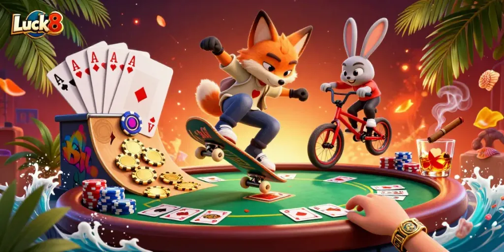 Experience thrilling action with Luck8 in a dynamic casino scene, featuring a fox and rabbit performing stunts over poker chips.