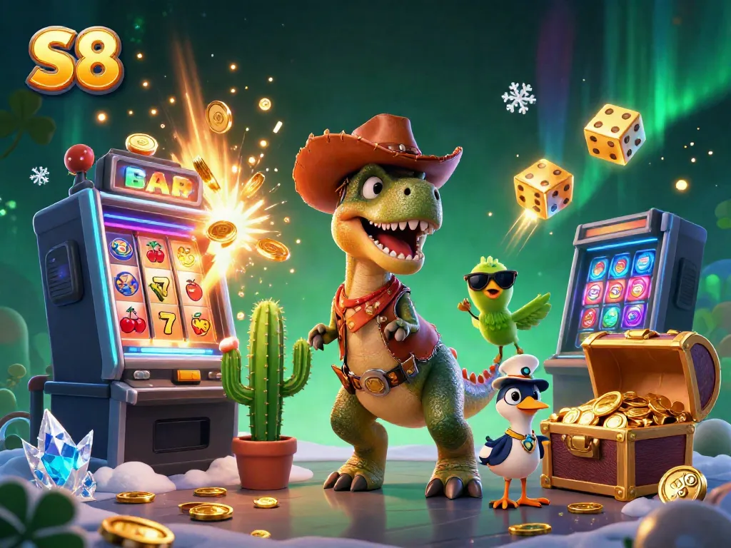 Engage with S8's thrilling jackpot explosion featuring lively characters in a vibrant casino scene.