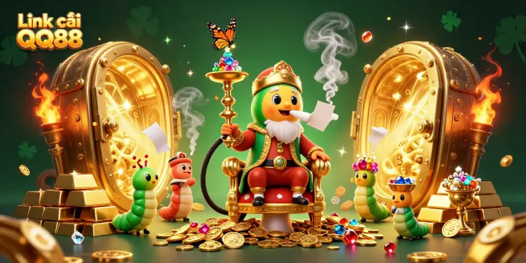 Engage in thrilling gameplay with Link vào QQ88, showcasing a vibrant 3D illustration featuring a sultan caterpillar in a jewel-filled casino scene.