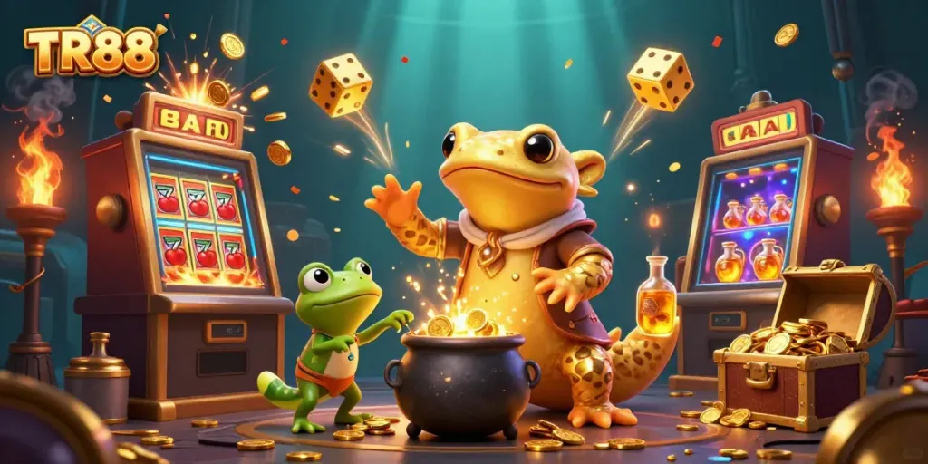 Experience TR88's magical alchemy of fun with golden coins and lively characters in an exciting casino scene.