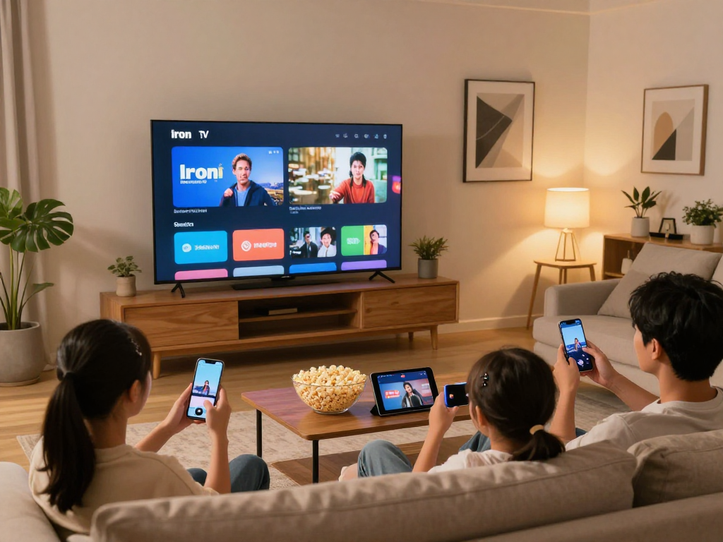 Expérience de streaming avec Iron TV dans un salon moderne.