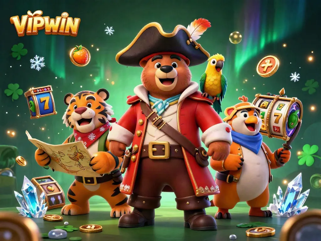 Spin slots and win big with VIPWIN, featuring a pirate captain bear, tiger mate, and golden parrot.