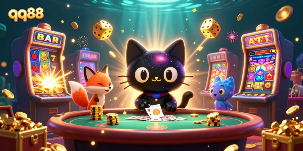 Experience the thrill of qq88 with an engaging cosmic scene featuring a black hole cat and a nebula fox at a casino table.