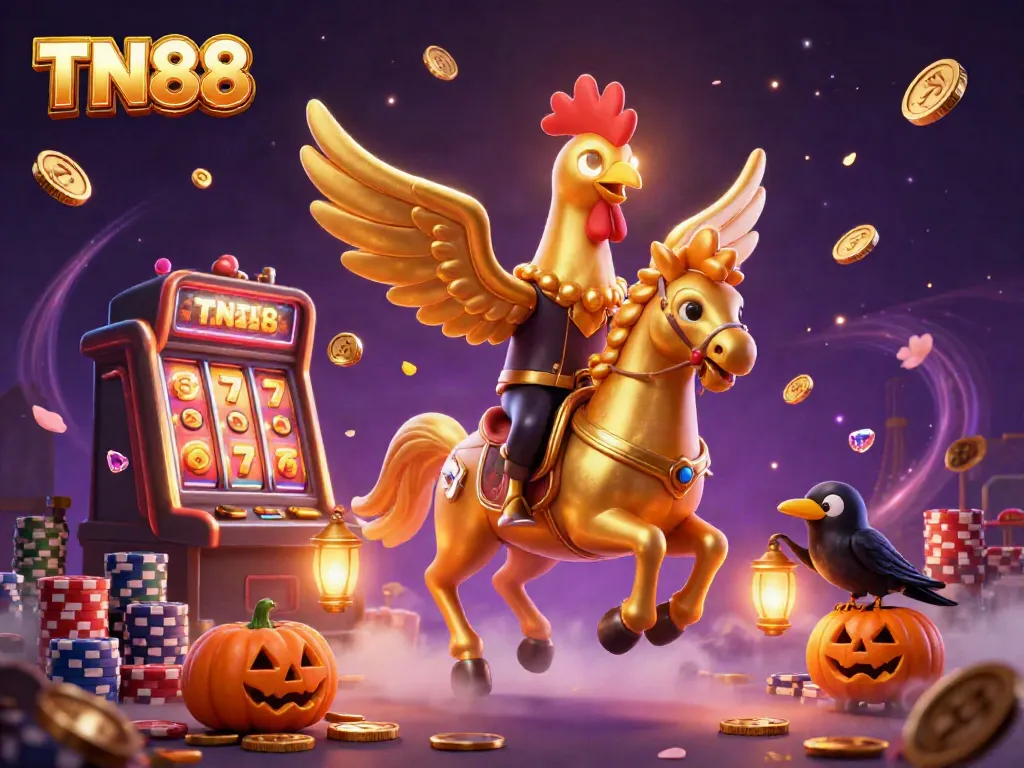 Experience gambling excitement at TN88 with a golden rooster and lantern-carrying crows in a vibrant casino.