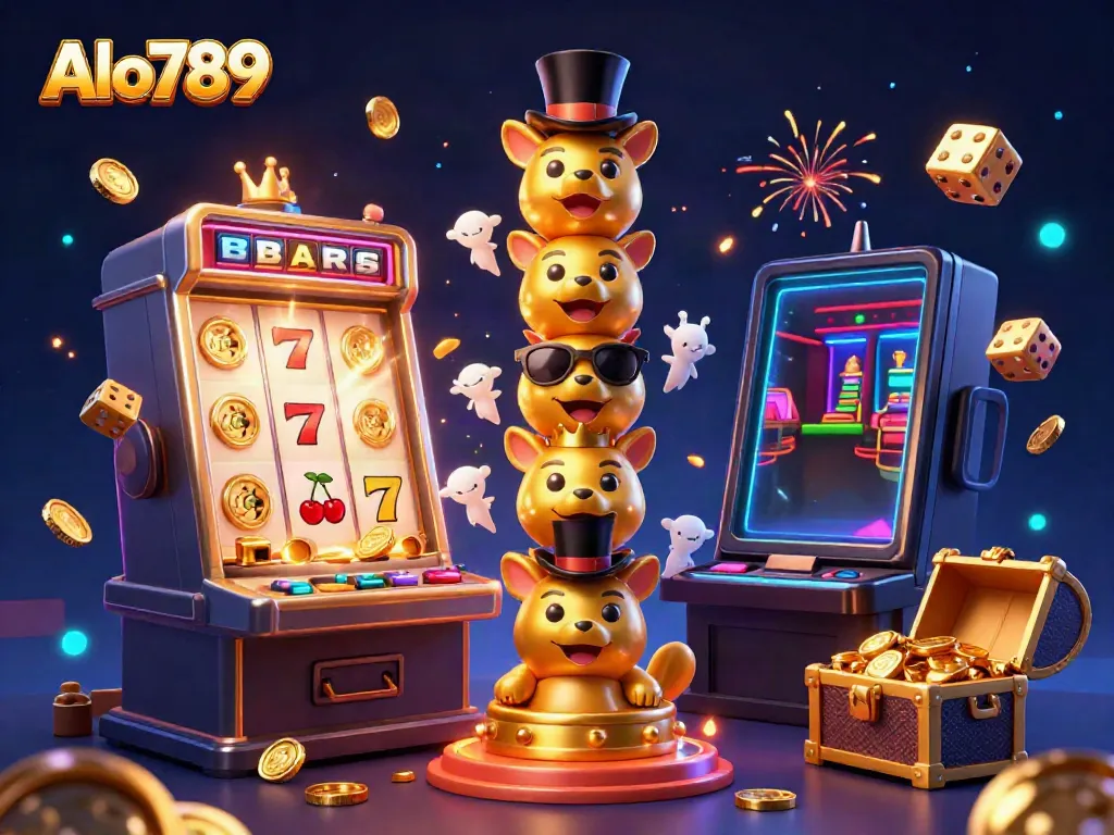 Alo789 showcases a vibrant casino scene with a golden totem pole and exciting gaming elements, inviting players to engage.
