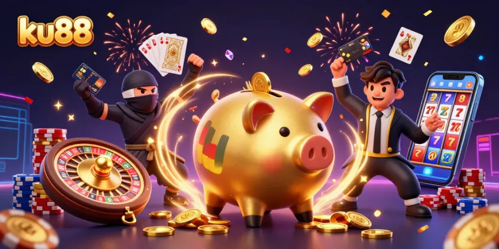 ku88 showcasing an exciting online casino battle with vibrant 3D characters and dynamic game elements.
