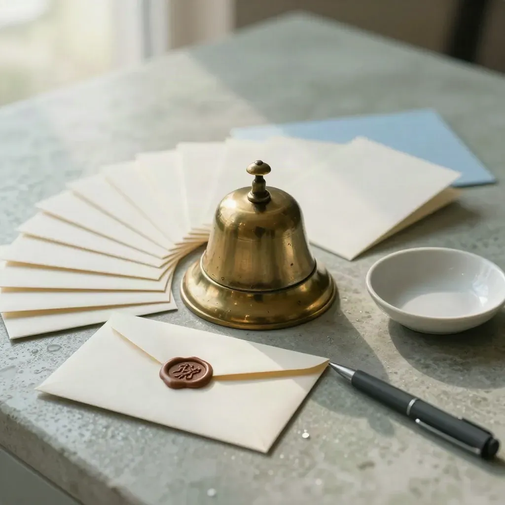 Bell d’accueil en laiton, cartes de rendez-vous et enveloppe sur pierre claire, lumière douce.