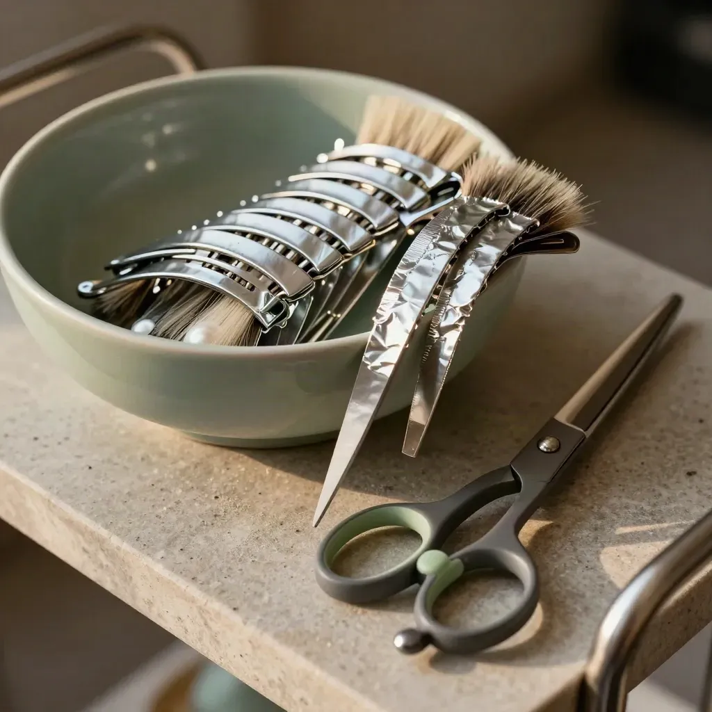 Clips de coiffure, feuilles d’alu et ciseaux autour d’un bol de mélange en gros plan.