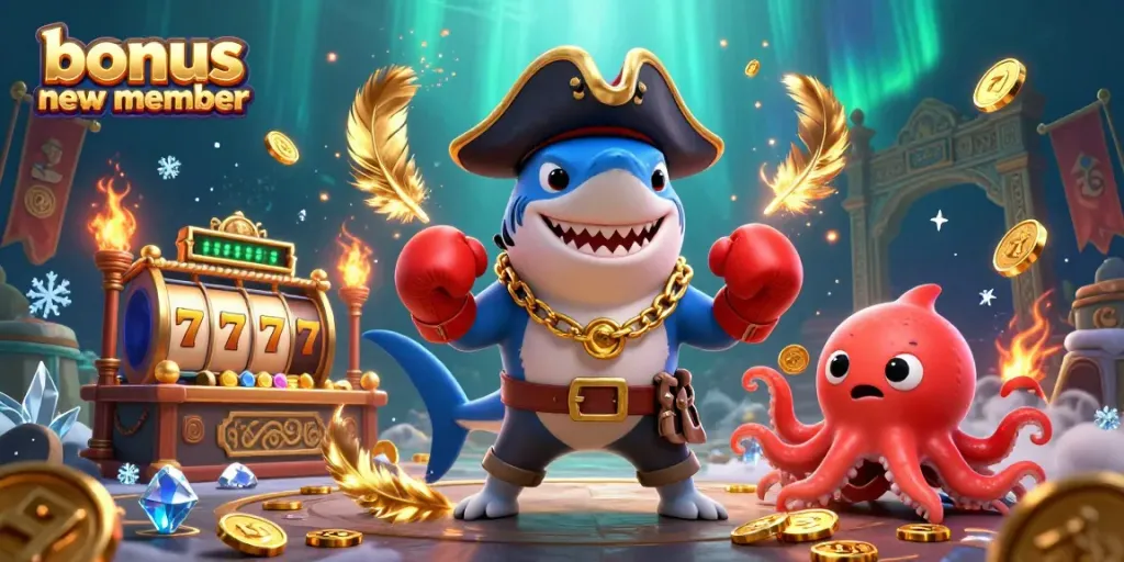 Engage in thrilling slot play with the bonus new member offer, featuring vibrant characters and 3D casino elements.