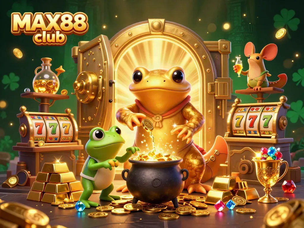 Experience excitement at MAX88 club with vibrant 3D illustration of a golden alchemist and gaming elements.