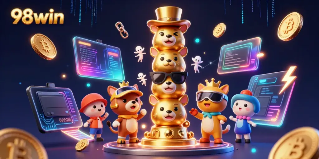 Engage with 98win's vibrant 3D casino world featuring a whimsical golden totem and crypto elements.