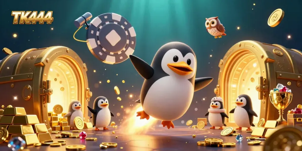 Experience the excitement of TK444 with a whimsical golden penguin in a casino-themed universe.