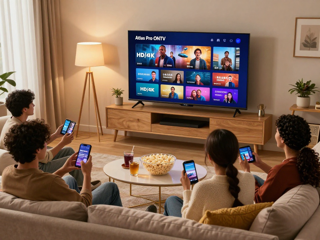 Expérience de divertissement avec Atlas pro ontv dans un salon chaleureux, amis profitant de films en HD/4K sur grand écran.