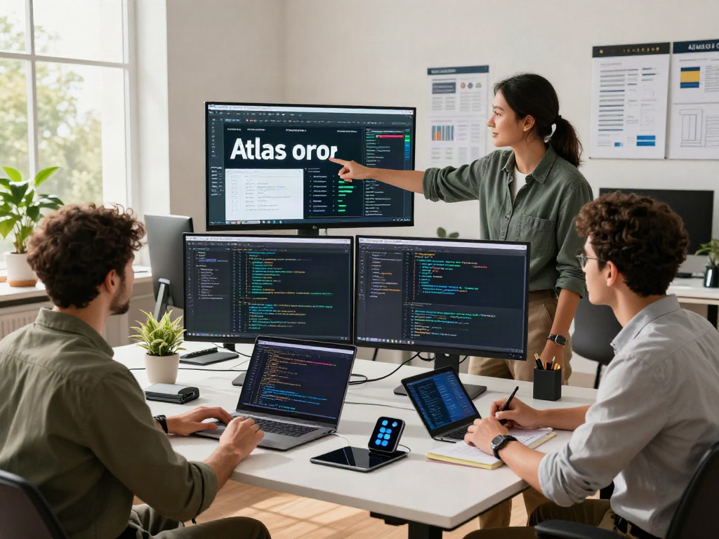 Équipe de développeurs collaborant sur Atlas pro ontv dans un bureau moderne.